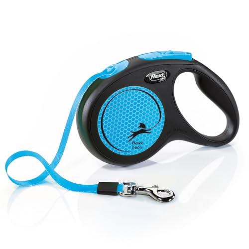 Image of FLEXI New Neon Tape Retractable Dog Leash for Medium Size Dogs Upto 25kgs. - 16 ft., Blue | Tangle Free Pet Walking Leash with One-Handed Brake, Pause, Lock | German Quality Product