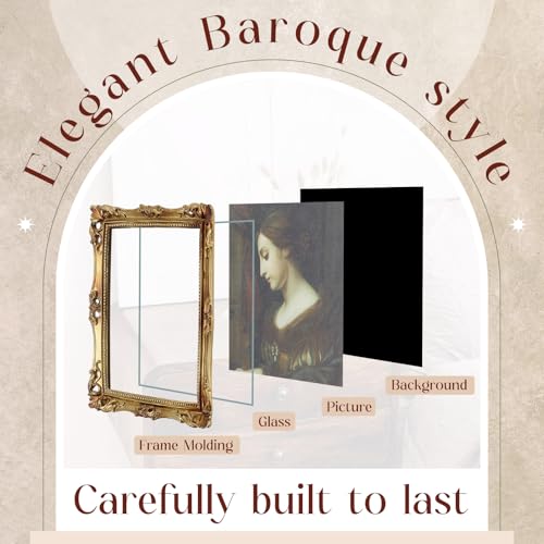 Image of Wonderjune 7x9 Inch Vintage Gold Picture Frame, Carved Resin Antique Ornate Frame for Tabletop or Wall Hanging Display, Victorian Baroque Home Decor(Rectangle)