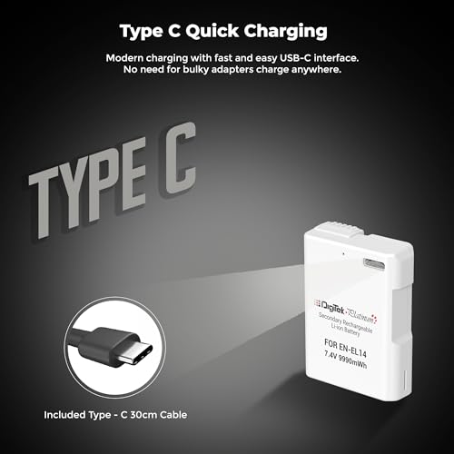 Image of Digitek Platinum (EN-EL14 Type C) 1350mAh Li-ion Battery for Nikon DSLR Cameras with Type-C Charging Cable, for Nikon D3100, D3200, D3300, D3400, D3500, D5100-D5600, DF DSLR, and Coolpix P7000-P7800