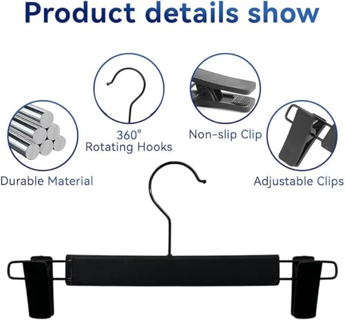 Image of Adjustable Clip Hangers for Pants & Skirts, Heavy Duty Anti-Slip Strong Grip Clips, Space Saving Closet Organizer, Durable Plastic & Metal Hanger Set for Wardrobe ((Black, Pack of - 10))