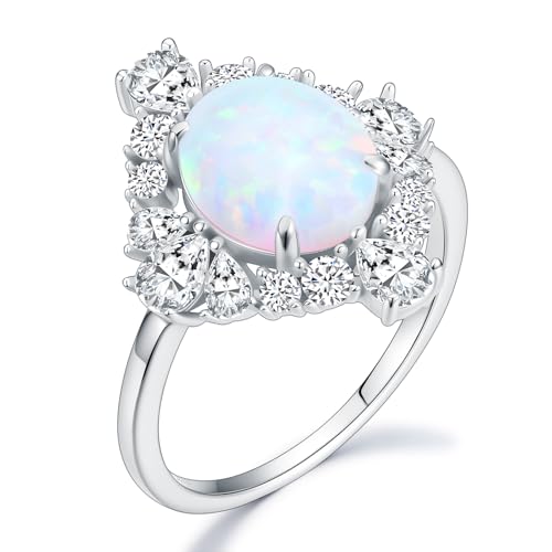 3 Carat Oval Opal Ring S925 Sterling Silver Dainty White Opal with Cubic Zirconia Ring Anniversary Birthday Mother's Day Gift for Women Wife
