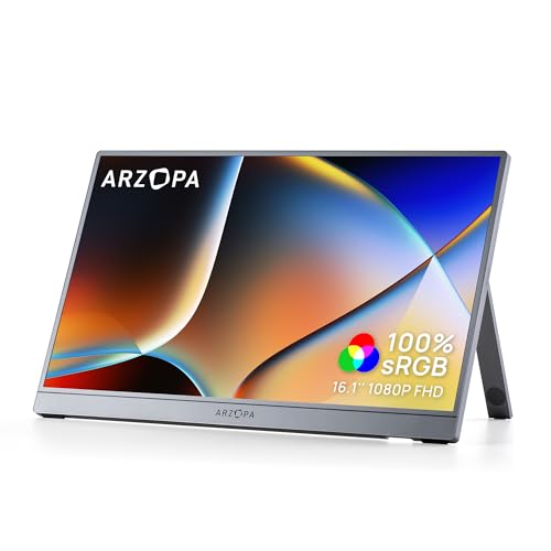 ARZOPA 16.1' Portable Monitor Gray, 100% sRGB FHD 1080P Kickstand Portable Laptop Monitor High Color Gamut Display IPS Eye Care Screen for High-end Office & Entertainment -Z1C Gray