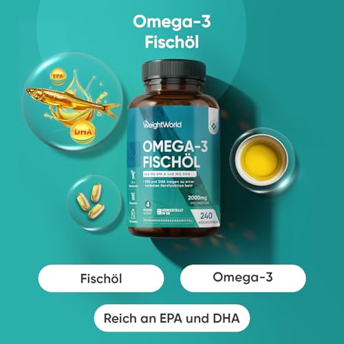 Omega 3 Weichkapseln - 2000mg Fischöl mit 1100mg Omega-3, 660mg EPA & 440mg DHA pro Portion - 240 Omega 3 weich Kapseln - Fish Oil - Frei von Gluten, Gentechnik, Laktose - WeightWorld