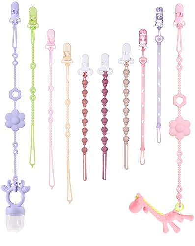 Pacifier Clips & Toy Straps 2-in-1 Combo: 10 Pack with Locking Clips | Extra Long Tethers for Stroller/Car Seat Toys + Short Leashes for Baby Pacifiers & Teethers | BPA Free Silicone (Multicolor 2)