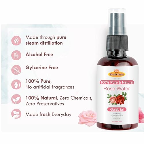 Image of Khadi 100% HERBAL Rose Water Spray - 100% Pure & Natural Skin Toner for Hydration, Glow & Pore Tightening - Alcohol-Free, Refreshing Mist - 100ml