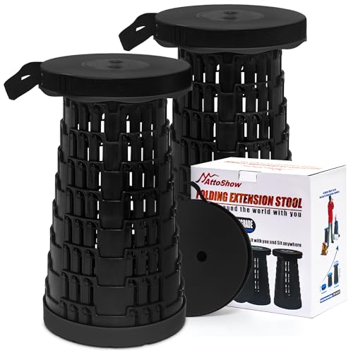 AttoShow 2025 2PCS Upgraded Collapsible Stool Thickened Set, Portable Stool Folding Stools, Foldable Chair for Camping Fishing Hiking BBQ and Outdoor Activities - Max 500lbs (Black)
