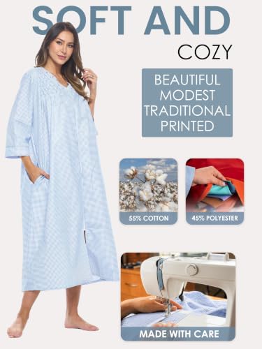 Image of Casual Nights Women's Zip Front Woven House Dress | 3 /4 Sleeves Housecoat Long Duster Lounger