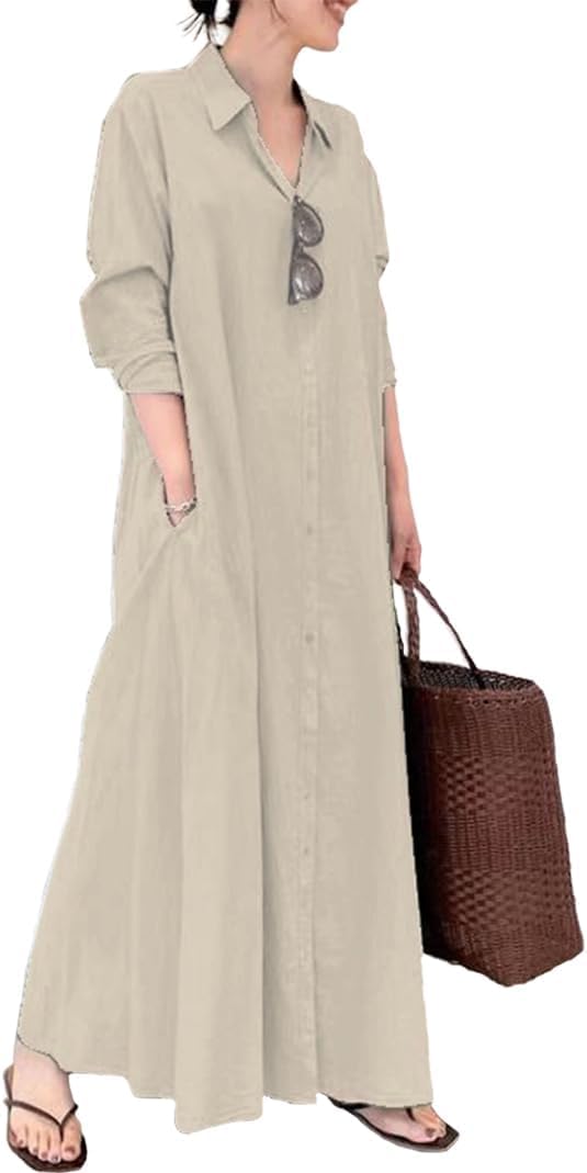 Womens Long Sleeve Cotton Linen Maxi Shirt Dress Plus Size Casual Loose Lapel Button Down Long Dress with Pockets