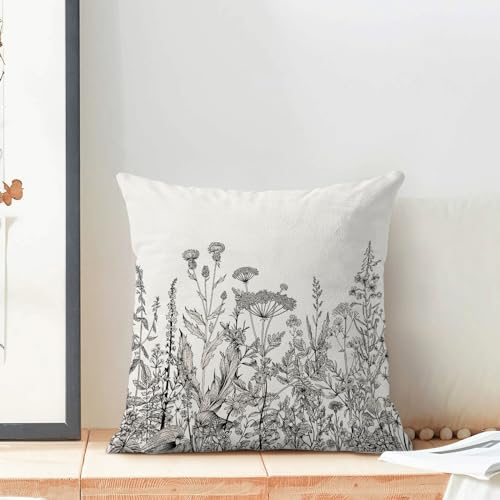 Image of AEIOAE Black White Gray Pillow Covers 16x16 Inch Set of 2, Spring Wildflower Plant Throw Pillows Case,Seasonal Floral Outdoor Decorative Flowers Farmhouse Decor Cushion Covers for Home Sofa Bed Couch