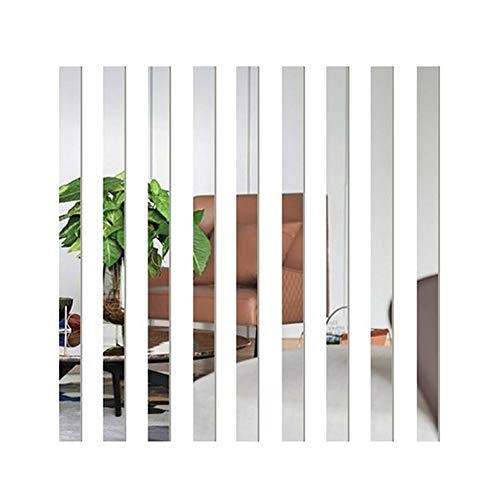 Yetuomade 10 PCS DIY Striped Mirror Stickers, Long Mosaic Mirror Acrylic Wall Sticker, Removable Acrylic Mirror Sheets for Wall Decor, Silver
