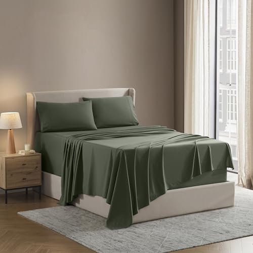 Nestl Queen Sheet Set - Luxury 1800 Ultra-Soft Microfiber Bed Sheets - Double Brushed - Deep Pockets - Easy Fit - 4 Piece Set - Bedding Sheets & Pillowcases (Queen, Olive Green)