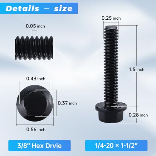 Image of Glvaner 1 /4-20 x 1-1 /2 inch (25 pcs) Stainless Steel Serrated Flanged Hex Head Bolts Bolts, 18-8 (304) Stainless Steel, Full Thread, Black Coated