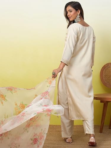Image of VredeVogel Women's Silk Blend Embroidered Straight Kurta Pant Set with Organza Dupatta
