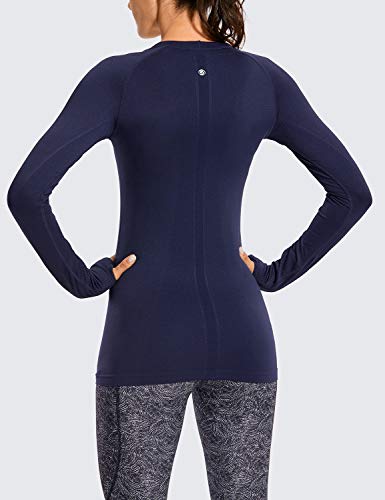 CRZ YOGA Women's Seamless Athletic Long Sleeves Sports Running Shirt Breathable Gym Workout Top Navy-Slim Fit Small