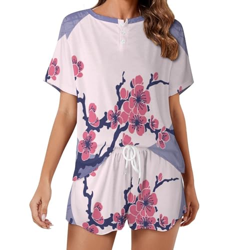 Pyjama court pour femme Fleur de Pêcher ensemble de nuit léger pour l'été