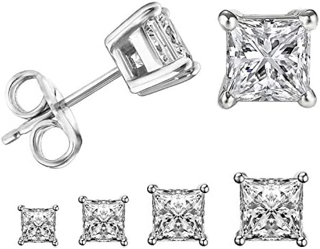 LIEBLICH Princess Cut Cubic Zirconia Stud Earrings Stainless Steel Square Earrings Set 4 Pairs 3mm-6mm (Silver)