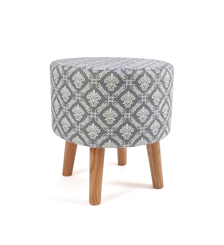 Image of NACIA Printed Ottoman Stool Set of 2 | Soft Cushioned Velvet Pouf Footrest with Wooden Legs | Decorative Seating Stool for Bedroom Living Room Home & Office (16x16x17 Inch, Grey Damask)