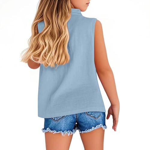 Girls Sleeveless Button Down Shirt Summer Cotton Linen Tops Collared V-Neck Shirt Blouse 5-15Y3