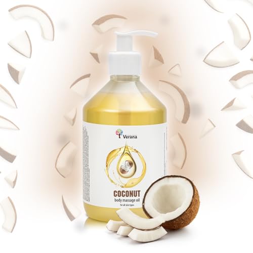Verana Aceite de Masaje Coco, Cosmético Natural, para el Cuerpo, Para todo tipo de Pieles, Rejuvenecedor y Revitalizante, Previene las Estrías, Reduce las Arruga (500ml)