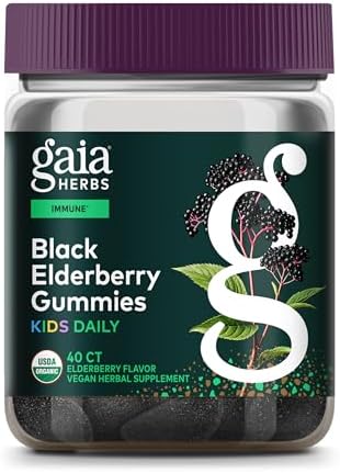 Gaia Herbs GaiaKids Black Elderberry Daily Gummies for Kids – Delicious Immune Support Supplement – Certified Organic Black Elderberries for Immune System Support – 40 Gummies (40-Day Supply)