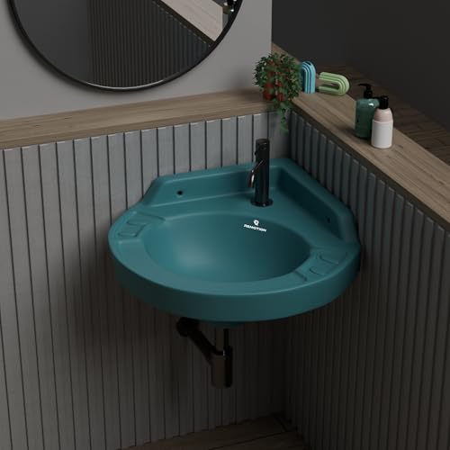 Image of REMOTION Ceramic Wall Hung Corner Wash Basin for Bathroom | Wall Mounted Corner Sink | Space-Saving, Durable & Stylish Design (17 x 15 x 7.5 Inch) (Green)