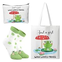 iuiiaii 3Pcs Frogs Gift Set, 1 canvas bags for women + 1 small make up bag + 1 Pair of Green Socks, Frog Gifts for Women, Ideal Birthday/Thank You Gifts for Women, Girls, Daughters, Wives & Teachers