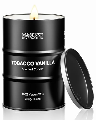 M&Sense Scented Candle, Tobacco Vanilla Medium Jar Candle Gifts for Men, 70 Hours Slow Burning Natural Soy Candles 11.3oz, Stress Relief Aromatherapy Candles Home Decor, Valentines Day Gifts for Him