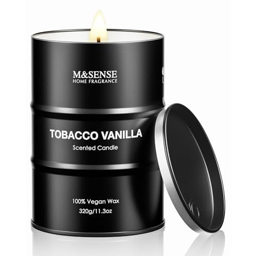 M&SENSE Scented Candle, Tobacco Vanilla Medium Jar Candle Gifts for Men, 60 Hours Slow Burning Natural Soy Candles 11.3oz, Stress Relief Aromatherapy Candles Home Decor, Valentines Day Gifts for Him