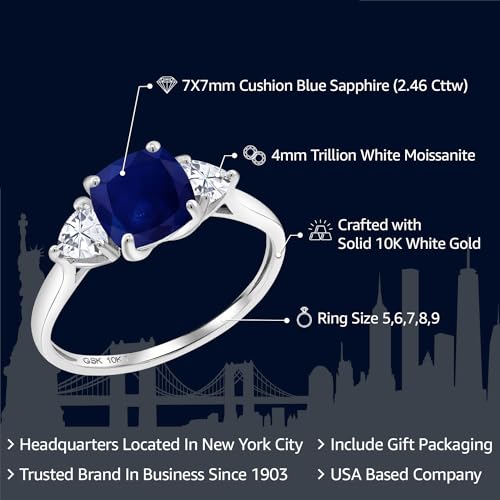 Gem Stone King 10K White Gold Blue Sapphire and White Moissanite Engagement Ring | 2.46 Cttw | 7MM Cushion and 4MM Trillion | 3 Stone Wedding Engagement Anniversary Promise Ring For Women2