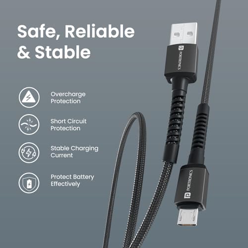 Image of Portronics Konnect X USB-A to Micro USB Fast Charging Cable With Max 3A Output,Fast Charging & Data Transfer, Nylon Braided, Aluminium Alloy Shell, 1M Length compatible with Micro usb Devices(Black)
