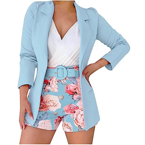 Blazer Sets Women 2 Piece Outfits with Belt Business Casual Jackets Elegant Cardigan Coat Floral Shorts Suit