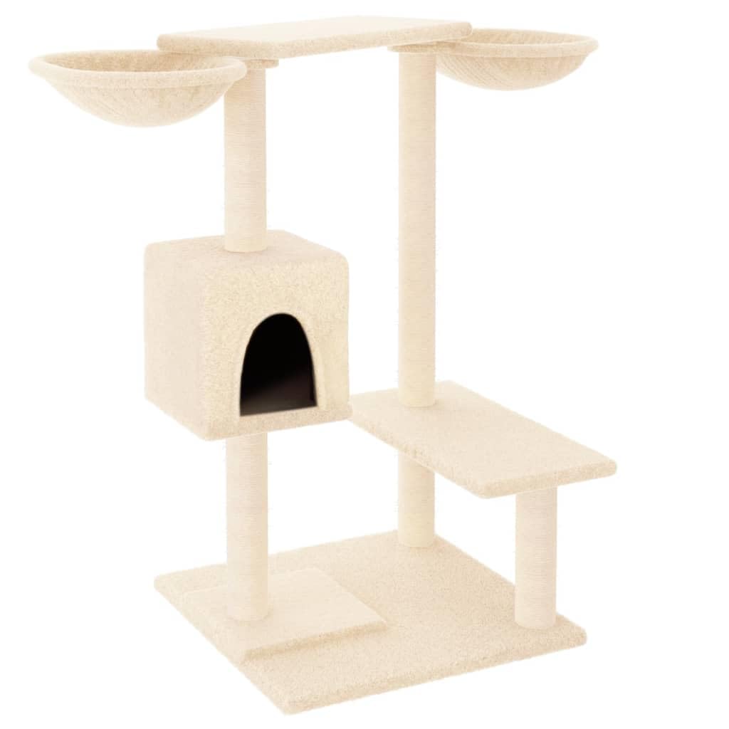 Kratzbaum 82 cm hoch Katzenbaummit 2 Katzenhäusern Creme | Mehrstufiger Spielturm aus Holzwerkstofffür das Wohnzimmer mit Sisal-Kratzsäulen und Liegemulden.