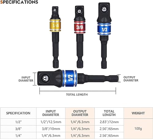 Image of Impact Grade Driver Sockets Adapter Extension Set Drill Bit 3Pcs 1 /4 3 /8 1 /2 inch Universal Socket Adapter Set and Right Angle Drill 105 Degree Right Angle Screwdriver Set Drill Hex Bit Socket Adapter