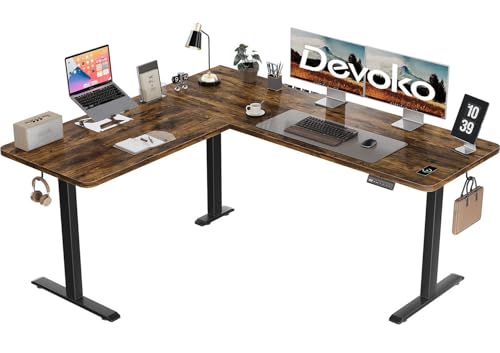 Devoko Höhenverstellbarer Schreibtisch L Form, 160 x 140cm L-förmig Schreibtisch Höhenverstellbar Elektrisch, Eckschreibtisch Ergonomischer Steh-Sitz Tisch Computertisch (Vintage Braun)