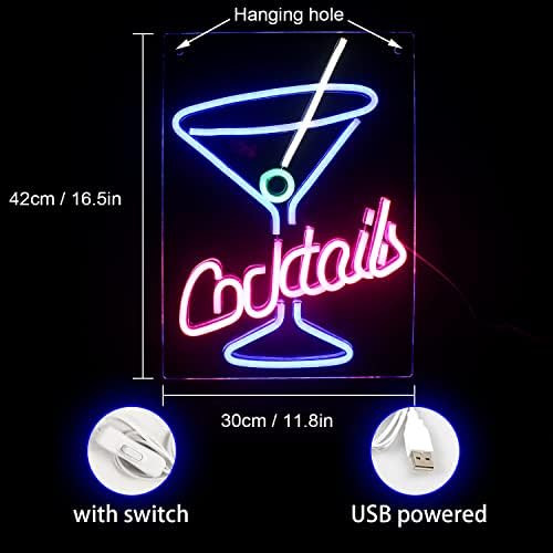 Cocktail Bar Neon Sign Blue Goblet LED Light Signs Pink Neon Signs Martini Glass Neon Lights for Bar Light Up Signs Acrylic Neon Wall Light for Pub Tavern Restaurant Wedding Party Decor