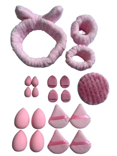 Image of Multi-Shape Makeup Sponge Set | 20 Piece Beauty Puff Collection with Headband and Clean Sponge | Pink, Purple, Beige & Bright Sets | Face Blender Kit for Cream, Liquid & Powder | Aesthetic and Functional Makeup Tool (Baby Pink, 20Pcs)