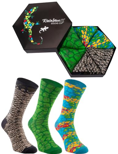 Rainbow Socks - Men Women Novelty Reptile Socks Box Gift - 3 Pairs
