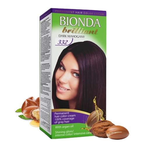 BIONDA Brilliant Tinte y coloración permanentes, 100 ml, cobertura 100% de canas, con aceite de argán, fórmula de aceite nutritiva, brillo intenso, raíz y longitudes completas (332 caoba oscura)