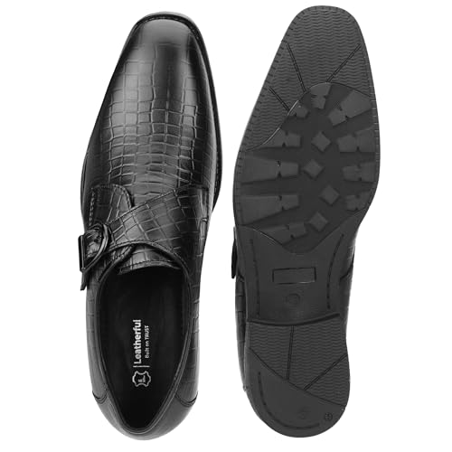 Image of Leatherful Single Monk Strap Shoe, Genuine Leather, Black, TPR Sole, Nappa Leather Lining