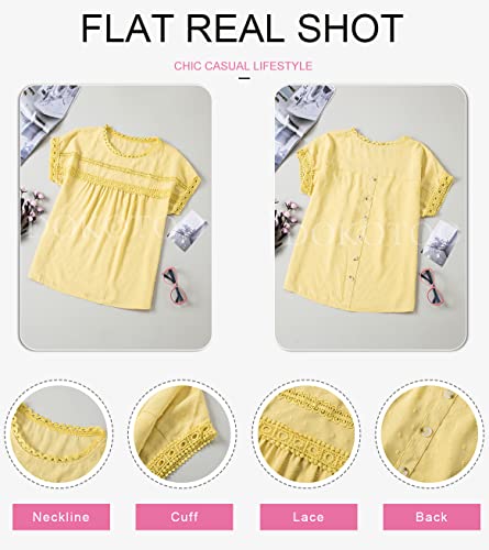 Dokotoo Womens Summer Tops Crewneck Lace Crochet Short Sleeve Shirts Casual Chiffon Blouses, 1 Yellow, Small