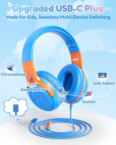 Image of awatrue USB-C Kids Headphones with Mic - 85 /94dB Volume Limiter, Foldable Wired Toddler Headphones for Boys & Girls, Over-Ear Type-C Kid Headphones for School, Travel, lPad, Tablet & Smartphones
