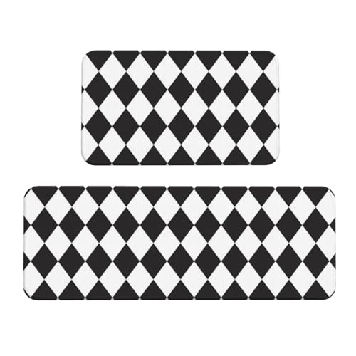 GVYGVY Antifatigue Kitchen Mats for Floor 2 Piece - Black White Harlequin Print Kitchen Rugs Washable, Non Slip Runner Rug Standing Mat for Office/Bathroom/Laundry/Home Decor and Accessories