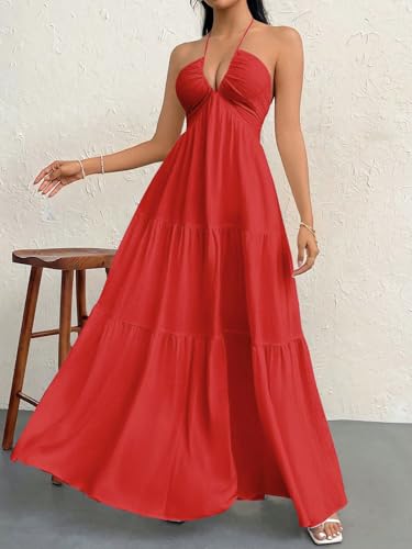 Image of Narecte Women's Maxi Summer Dresses Halter V Neck Beach Dresses for Women A-Line Casual Dress for Vacation