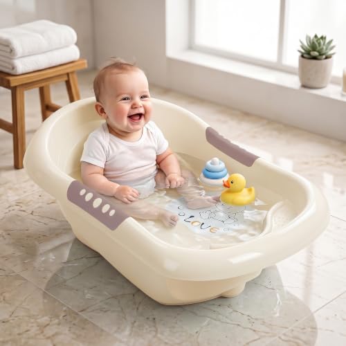 Image of Baybee Lovely Baby Bath Tub for 0 to 5 Years | Ergonomic Bath Tub for Kids with Quick Drain & Storage | Premium Baby Bather with Non Slip Base & Side Grip Bathing Tubs for Boys Girls (Beige)