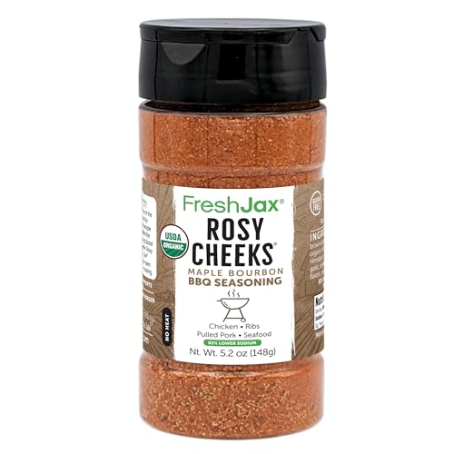 FreshJax Rosy Cheeks Organic Maple Bourbon BBQ Rub – 5.2 oz Large Bottle BBQ Seasoning for Brisket, Ribs, Pork & Chicken – Sweet & Smoky Rub for Grilling, Smoking & Barbecue Cooking - Made in USA