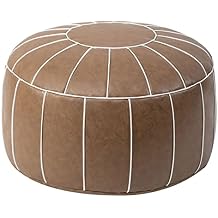 Unstuffed Moroccan Round Pouf Ottoman, Handmade Leather Large Storage Foot Stool Cover, Bean Bag for Living Room Bedroom Balcony53x24cm20.9x9.4, A