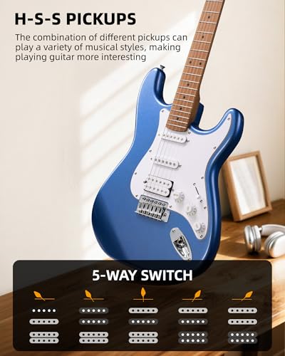 Image of LEKATO Electric Guitar Kit Beginner 39 Inch Full Size Solid Body Guitar HSS for Starter Roasted Maple Neck Fretboard Stainless Steel Frets, 5W Mini Amp, Bag, Tuner, Capo, Strap, String, Picks- Blue