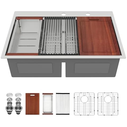 Sarlai 33 Inch Drop In Kitchen Sink Double Bowl - 33x22 Drop in Workstation Sink Double Bowl Topmount Kitchen Sink 16 Gauge Ledge Workstation Stainless Steel Sink Low Divide 50/50 Double Sink Basin Cover