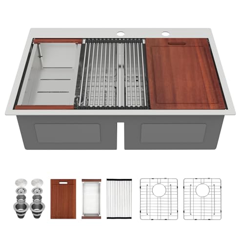 Sarlai 33 Inch Drop In Kitchen Sink Double Bowl - 33x22 Inch Drop Sink Workstation Ledge Topmount 16 Gauge Stainless Steel Low Divide 50/50 Double Basin by Sarlai - Used condition - US$221.40