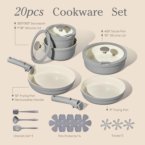 Image of Carote 20pcs Ceramic Cookware Set with Detachable Handles, Pots and Pans Set Non Stick, RV Kitchen Cooking Pot and Pan, Dishwasher Safe, Non-toxic Induction Cookware PFAS and PFOA Free, Grey